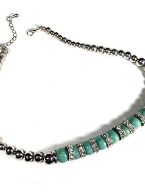 Boho Resin Turquoise & Silver Beaded 18” Choker Necklace With Rhinestone Spacers